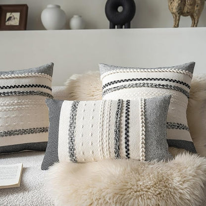 Boho Throw Pillow Covers 18x18 Inch Set of 2, Black Textured Decorative Couch Pillow Cases for Farmhouse Home Decor, Accent Cushion Cover for Sofa, Bed, Living Room, Bedroom