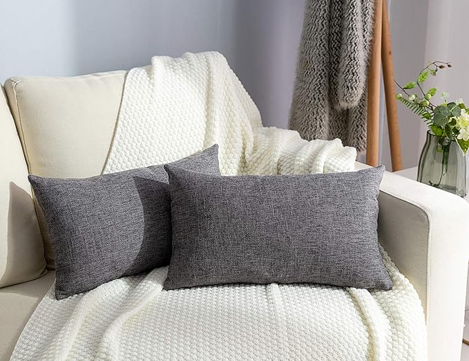 Stellhome Rectangle Linen Throw Pillow Covers Solid Farmhouse Burlap Cushion Covers for Home Decoration, Set of 2, 12 x 20 inch (30 x 50 cm), Dark Grey