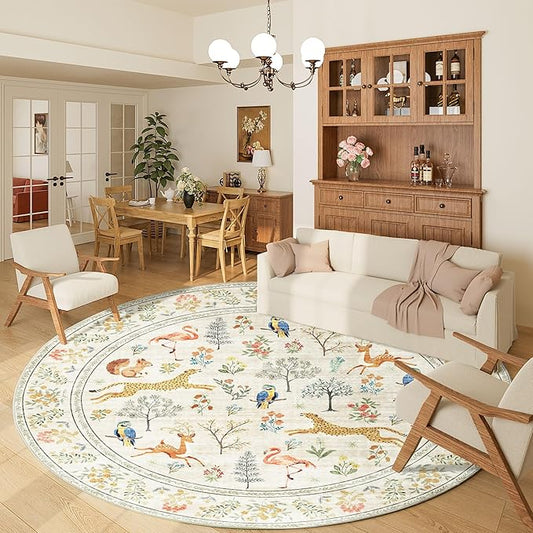 DUKINO 6ft Round Rug for Bedroom, Animal Print Washable Circle Rug with Low Pile Design, Soft Indoor Floor Non Slip Carpet for Entryway, Living Room, Office, Dining Room, Beige