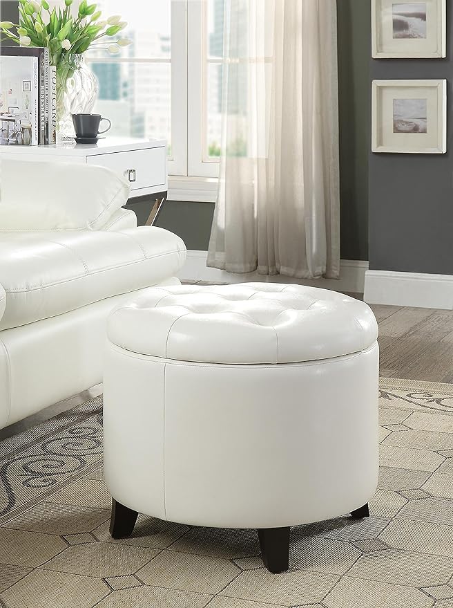 Convenience Concepts Designs4Comfort Round Storage Ottoman 19.75" - Versatile Contemporary Foot Stool for Living Room, Office, Ivory Faux Leather