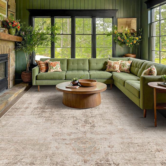 Tan Rugs for Living Room - 10x12 Vintage Large Floor Carpet Rug for Dining Room Under Table, Washable Non Slip with Rubber Backed