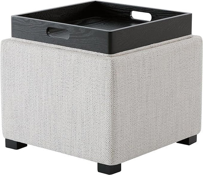 CHITA Storage Ottoman Cube with Tray Lid, Small Footstool with Storage, Square End Table for Living Room and Bedroom, Fabric in Ivory
