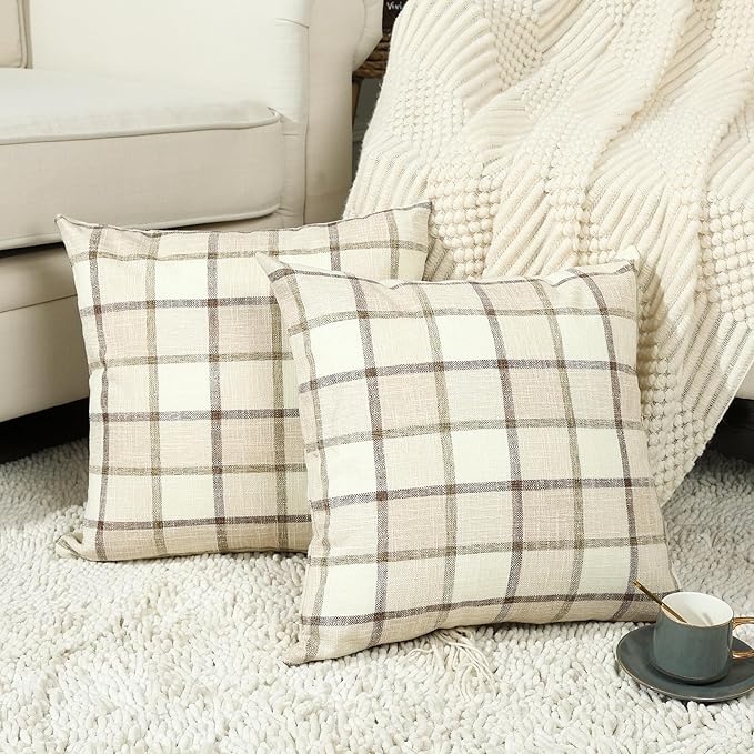 Stellhome Pack of 2 Fall Linen Buffalo Check Decorative Throw Pillow Covers, Farmhouse Plaid Cushion Covers Rustic Retro Decor for Couch Sofa Living Room, 22x22 Inch, Beige