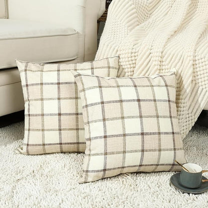 Stellhome Pack of 2 Fall Linen Buffalo Check Decorative Throw Pillow Covers, Farmhouse Plaid Cushion Covers Rustic Retro Decor for Couch Sofa Living Room, 22x22 Inch, Beige
