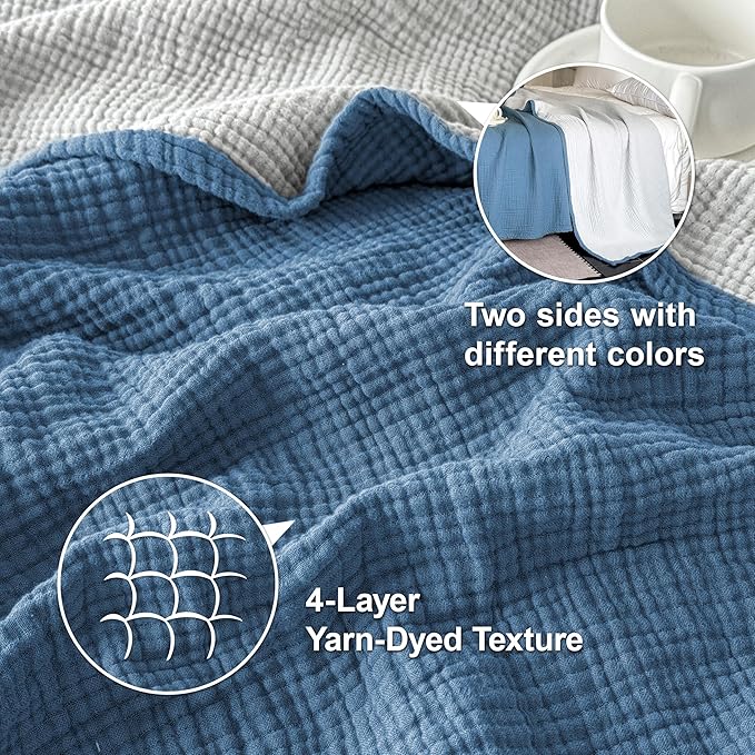 Simple&Opulence 100% Cotton Muslin Blanket Twin Size, Lightweight Breathable 4 Layering Gauze Blanket for Bed Couch Camping, Soft Bedspread Coverlet All-Season Use (Dusty Blue, 68"x86")