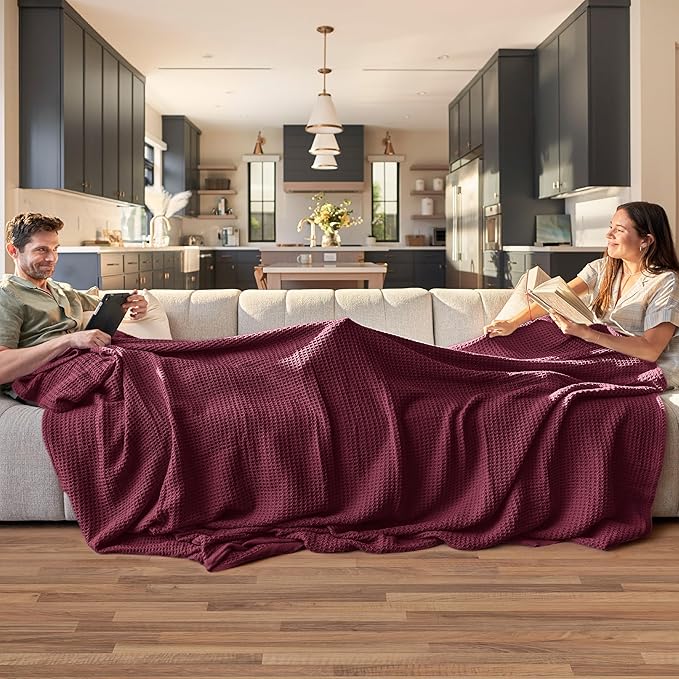 Bedsure Gentlesoft 100% Cotton Blanket Queen Size for Bed - Breathable and Soft, Thick Cozy Waffle Weave Christmas Blanket Gift for Women, Red, 90x90 Inches