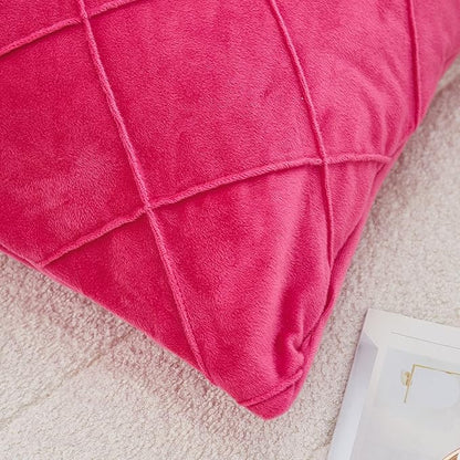 JAUXIO Diamond Pinch Pleated Crystal Velvet Pillowcases 2 Pack Solid Pintuck Throw Cushion Cover for Home Decor Hidden Zipper Closure (Hot Pink, Standard)