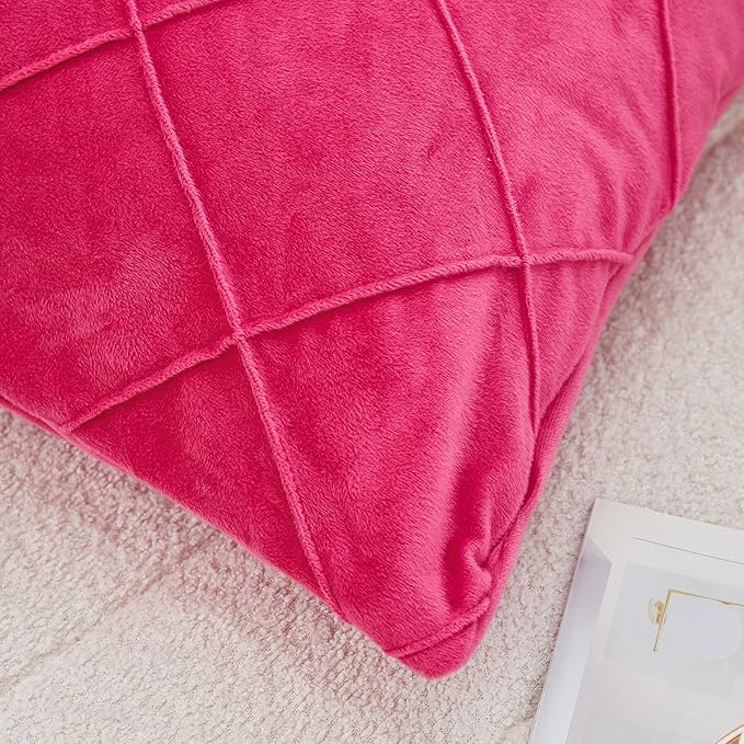 JAUXIO Diamond Pinch Pleated Crystal Velvet Pillowcases 2 Pack Solid Pintuck Throw Cushion Cover for Home Decor Hidden Zipper Closure (Hot Pink, King)