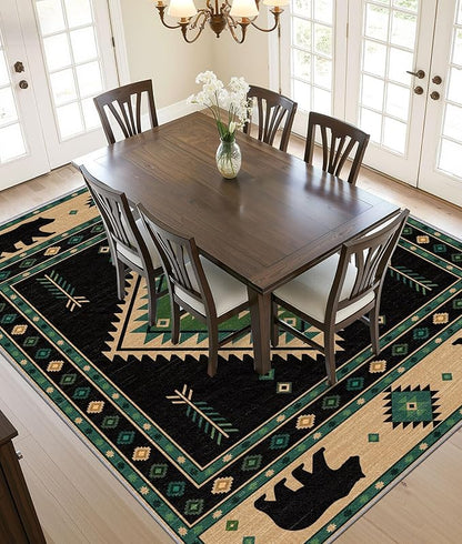 Southwestern Rug 5x8 - Native American Bear Cabin Area Rugs for Living Room Bedroom, Rustic Lodge Machine Washable | Non-Slip | Soft Large Carpets, Aztec Room Decor (Green Tan Black)