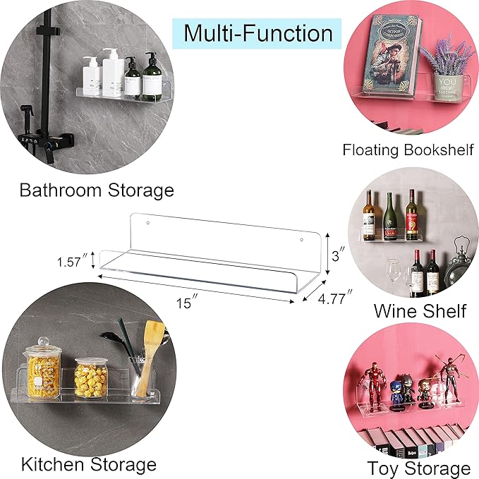 Sooyee Acrylic Shelves,3 Pack 15 Inch Floating Wall Shelves, Funko Pop Display Shelf,Invisible Kids Book Shelf,Picture Ledge Shelf Decor, Bathroom Wall Shelves,Clear