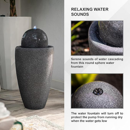 XBrand 26" Modern Sphere Water Fountain with LED Light – Indoor Outdoor Stone Texture Floor Fountain, Zen Bubbling Ball Water Feature for Garden Patio Porch - Gray
