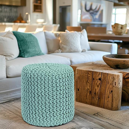 COTTON CRAFT Braided Round Pouf - Hand Knitted Cotton Cord Cable Dori Cylindrical Ottoman - Foot Stool - Floor Pouf - Footrest - Accent Seat - Living Room Bedroom Dorm Décor - 15 Round x 16 H - Blue