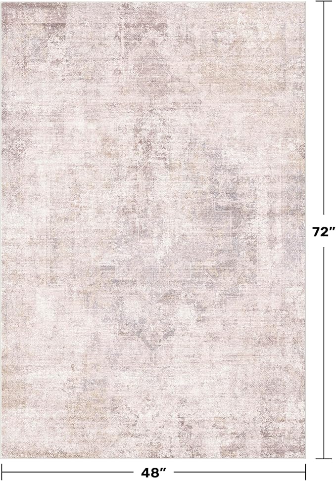 Washale Modern Bedroom 4x6 Area Rugs - Pink and Grey Rug for Living Room, Kitchen, Non Slip & Soft, Medallion Distressed Print Pattern