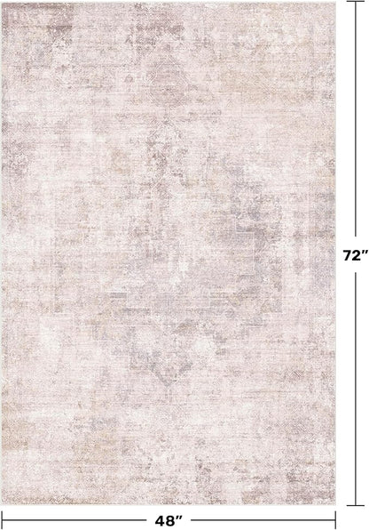 Washale Modern Bedroom 4x6 Area Rugs - Pink and Grey Rug for Living Room, Kitchen, Non Slip & Soft, Medallion Distressed Print Pattern