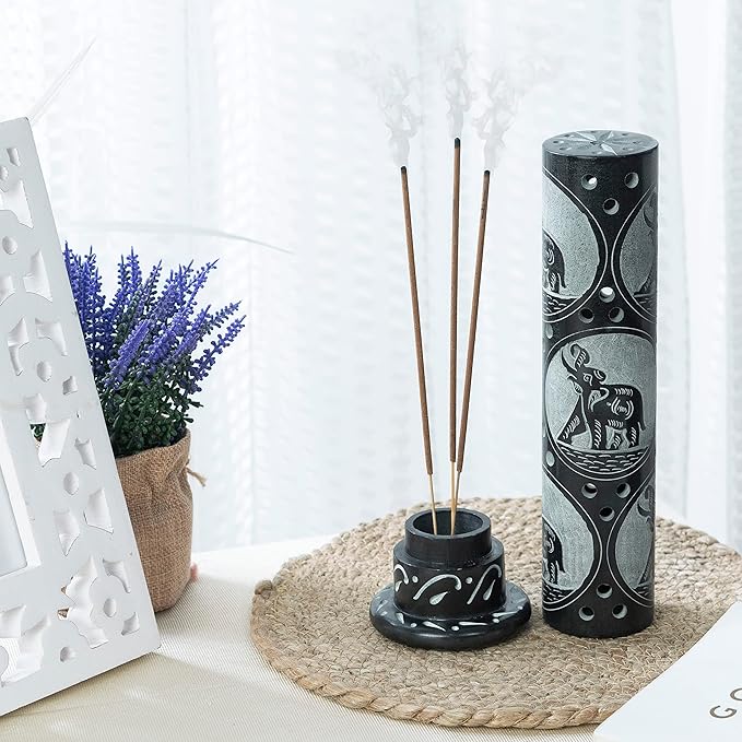 Crocon Handmade Black Marble Incense Stick Tower Burner Round Shape Jali Design Incense Tower Burner | Tea Light Candle Holder | Living Room Decor Home Fragrance Decorative Gift Size 3X3X10 Inch