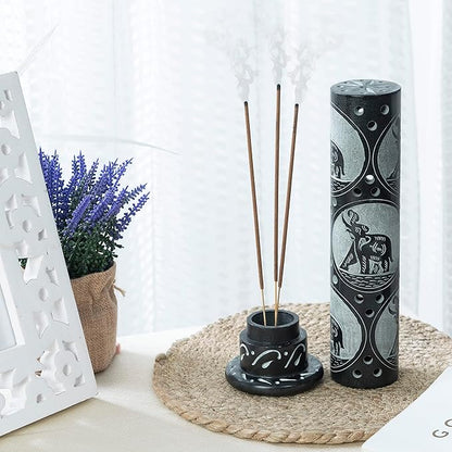 Crocon Handmade Black Marble Incense Stick Tower Burner Round Shape Jali Design Incense Tower Burner | Tea Light Candle Holder | Living Room Decor Home Fragrance Decorative Gift Size 3X3X10 Inch