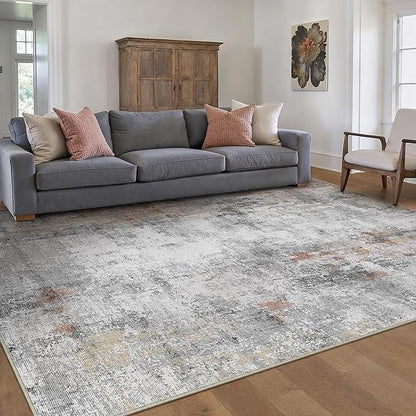 10x12 Washable Area Rug Grey Rust Abstract Living Room Bedroom Carpet Neutral Modern Non-Slip Soft Low Pile Lightweight Vacuumable Large Throw Rug for Dining Room