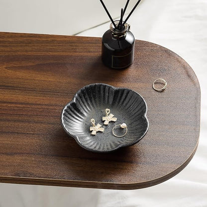 Flower Shape Ring Tray Jewelry Dish Key Bowl Ceramic Trinket Tray Decorative Jewelry Dish for Rings Necklace Earring Key Watch Home Decoration for Friend Sister Mom (Black)