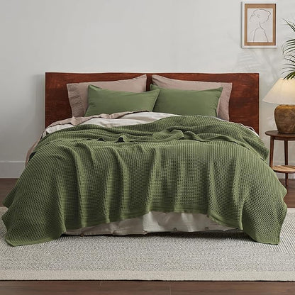 Bedsure Gentlesoft 100% Cotton Blanket King Size for Bed - Breathable and Soft, Thick Cozy Waffle Weave Christmas Blanket Gift for Women, Olive Green, 104x90 inches