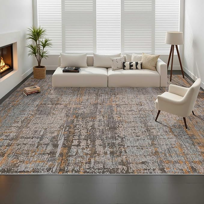 9x12 Area Rug for Living Room, Extra Large Washable Rug, Soft Taupe Abstract Rug for Bedroom, Office, Farmhouse, Low Pile Imitation Wool Non Slip Carpet Ideal for High-Traffic Areas