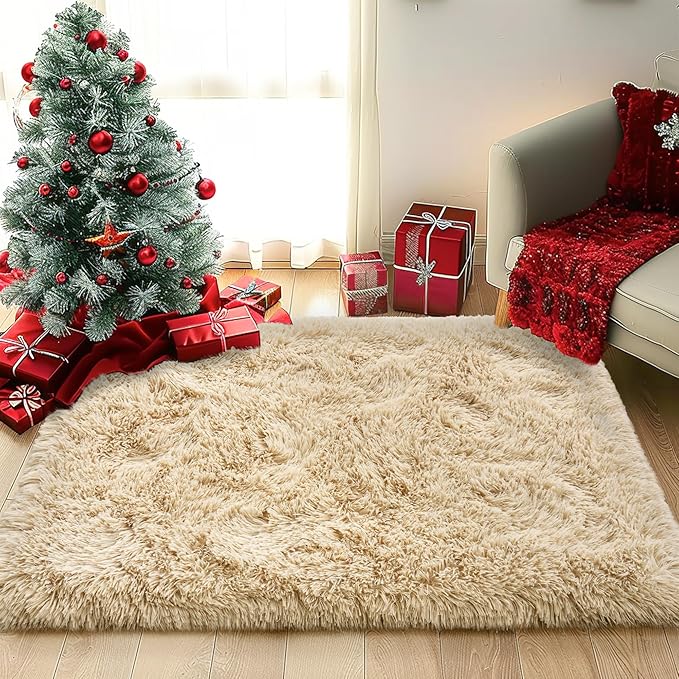 Small Rugs for Bedroom, Fuzzy Throw Rug for Living Room Dorm, Soft Fluffy Bedroom Rug, Non Slip Shag Rugs, Modern Indoor Home Decor Aesthetic, 2x3 Feet, Camel