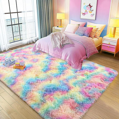Ultra Fluffy Area Rugs for Living Room Bedroom, 6x9 Fuzzy Large Living Room Rugs, Thick Shag Rug for Dorm, Soft Non Slip Kids Girls Boys Rug for Home Decor Aesthetic, Rainbow