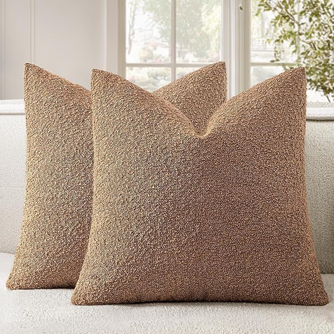 Woaboy Pack of 2 18x18 Inch Decorative Boucle Throw Pillow Covers Textured Square Pillowcaes Accent Solid Cozy Soft Cushion Covers Home Decor for Sofa Couch Living Room Home Decor,Brown