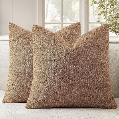 Woaboy Pack of 2 22x22 Inch Decorative Boucle Throw Pillow Covers Textured Square Pillowcaes Accent Euro Solid Cozy Soft Cushion Covers Home Decor for Sofa Couch Living Room Home Decor,Brown