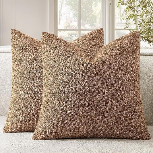 Woaboy Pack of 2 22x22 Inch Decorative Boucle Throw Pillow Covers Textured Square Pillowcaes Accent Euro Solid Cozy Soft Cushion Covers Home Decor for Sofa Couch Living Room Home Decor,Brown
