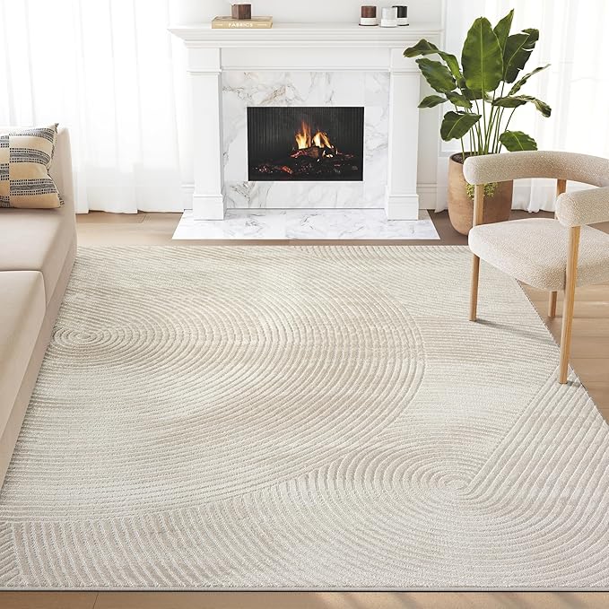 Abani Neutral Beige Area Rug 10' x 14' for Living Room, Bedroom - Zen Reiki Circles Pattern - Durable & Easy to Clean