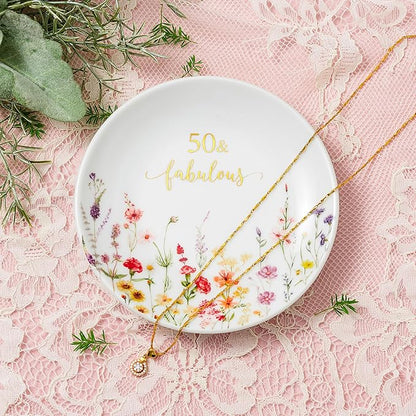 Crisky 50 Fabulous Jewelry Ring Dish for Women 50th Birthday Gifts Idea for 50 Year Old Gifts for Her Friend Sister Wife Mom Aunt Female Coworkers