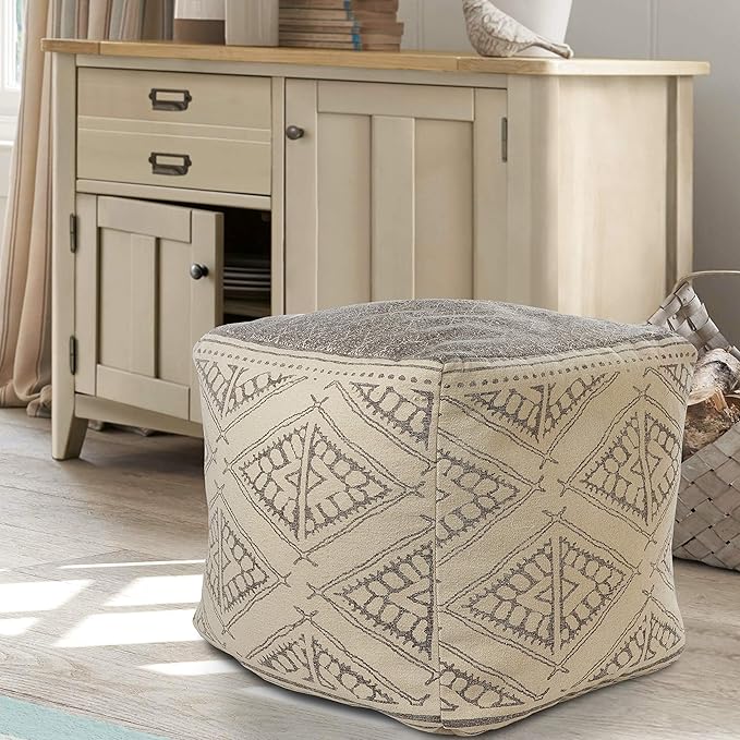 LR Home Pacifica Taupe/Gray Large Ottoman Pouf for home decor | Tribal Hand-Woven Cotton Square pouf ottoman foot rest for bedroom & living room decor | 20 x 20 x 20 Ottoman Cube for Seating