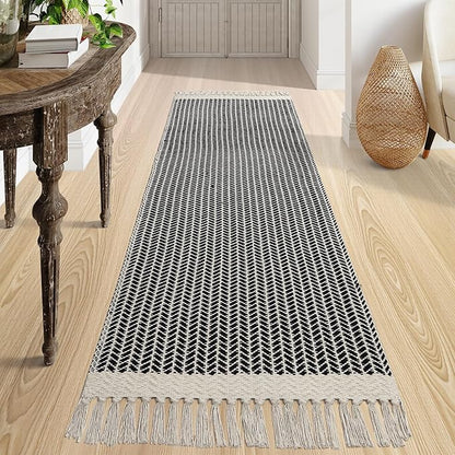 Lahome Boho Kitchen Runner, 2'6''x8 Runners for Hallways Lightweight Bath Mat Woven Washable Runner Rug with Tassels, Farmhouse Non Shedding Black Rug for Bedroom Living Room