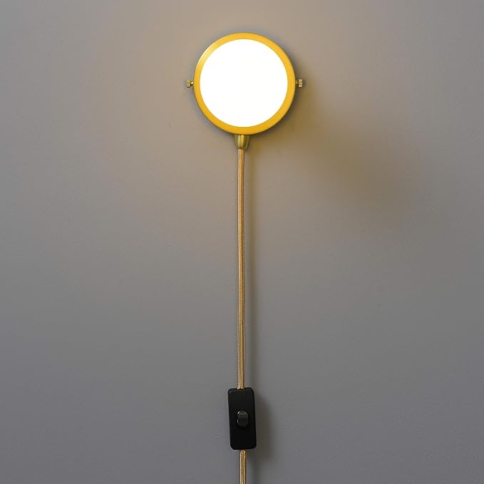 BRIGHTTIA Plug-in Simple Ring Wall Sconce Light - Brushed Gold - Modern Minimalist Lighting for Apartments and Dorms - Mid Century Industrial Exposed Bulb Wall Lamp - 15Ft Fabric Cord (BW0005-1GP)