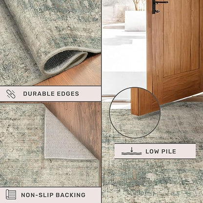 Washable Kitchen Runner Rug 2x6, Green and Brown Low Pile Soft Rugs for Bedroom Beside Bed, Runner Carpets for Hallway Non Slip, Entryway, Bathroom, Vintage Medallion Abstract Décor