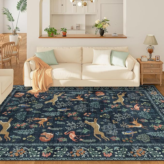 DUKINO 8x10 Rug, Washable Animal Living Room Rug with Non Slip Vintage Design, Soft Low Pile Large Carpet for Bedroom, Nursery, Dining Room, Farmhouse, Playroom, Navy Blue