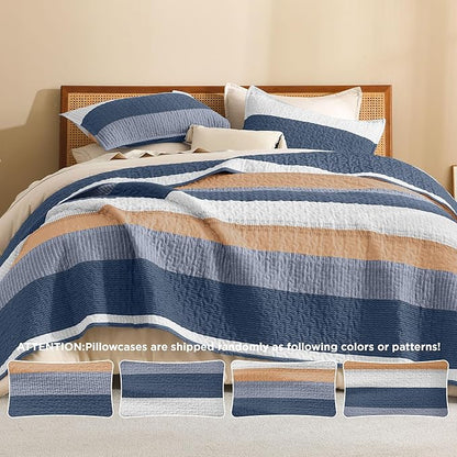 Litanika California King Quilt Set BlueO,Stripe Patchwork Summer Bedspread Coverlet, Soft Lightweight Microfiber Quilt Bedding Set for All Season(1 Quilt, 2 Pillowcases)