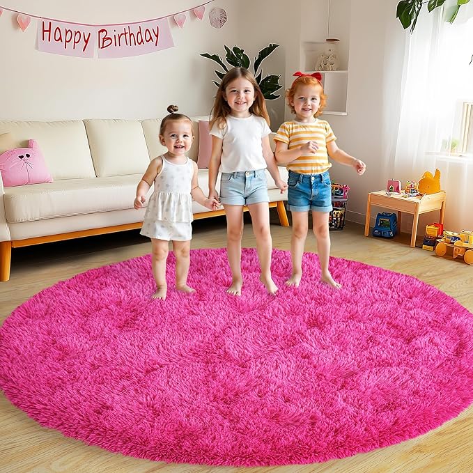 Round Fluffy Rugs 5Ft for Girls Bedroom, Hot Pink Shag Circle Kids Rug Non-Slip for Bedside Dorm Nursery Playroom, Soft Cute Area Rugs for Living Room Decor