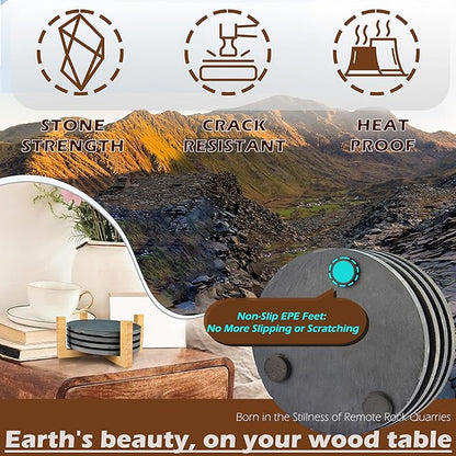 Slate Coasters Set of 4 with Bamboo Holder - Black Round Stone Drink Coasters for Coffee Table, Anti-Scratch Coasters to Protect Wood/Glass Surfaces, Boho Home Decor for Kitchen/Bar/Office (4 Pack)