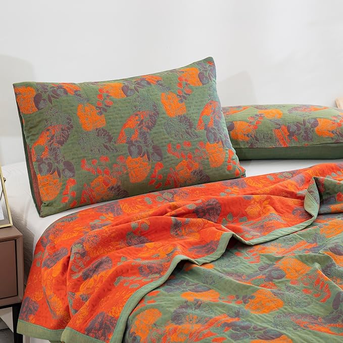 100% Cotton Muslin Blanket Jacquard Ginkgo Leaf Floral Quilt, Soft Bed Cover 3 Layers Lightweight Breathable Gauzy Reversible Bedspread Coverlet Bedding King(98"x94"), No Pillow Sham