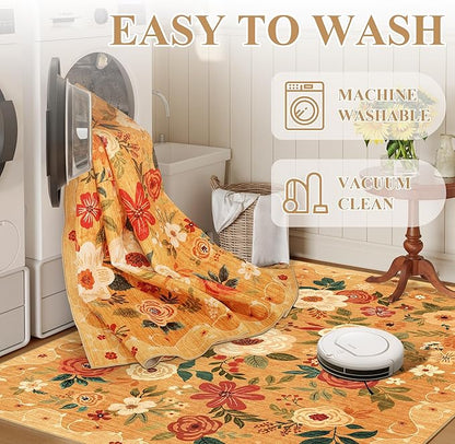 DUKINO 4x6 Area Rug, Lightweight Non Slip Washable Floral Rug, Indoor Low Pile & Non-Shedding Boho Design Rugs for Bedroom, Living Room, Dining Room, Orange