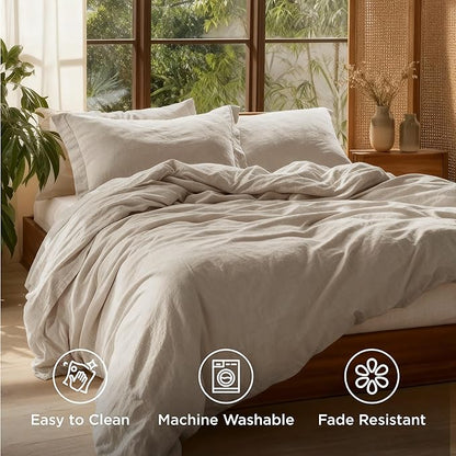 Bedsure 100% Washed Cotton Duvet Cover Oversized Queen - Oatmeal Minimalist Cotton Duvet Cover Linen Like for All Seasons - GentleSoft™ Plain Simple Bedding,Oatmeal, Oversized Queen, 98"x98"