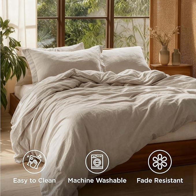 Bedsure 100% Washed Cotton Duvet Cover Oversized King - Oatmeal Minimalist Cotton Duvet Cover Linen Like for All Seasons - GentleSoft™ Plain Simple Bedding, Oatmeal, Oversized King, 120"x98"
