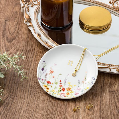 Crisky Initial Jewelry Tray Ring Dish & Gift Box, Ceramic Flower Trinket Dish for Rings Earrings Necklaces Keys, Bridal Shower Engagement Birthday Gift for Women, Friends 4.57" (Gold Foil N