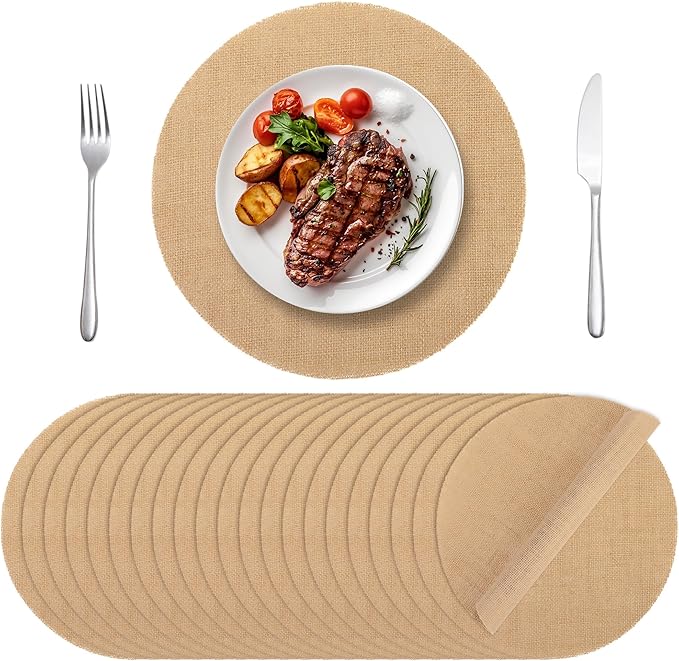 Aneco 50 Pieces Round Burlap Placemats 11.8 Inch Reusable Brown Table Mats Heat Resistant Natural Jute Fibers Placemats Burlap Circle Rustic Table Decorations for Dinner Holiday Farmhouse Decor