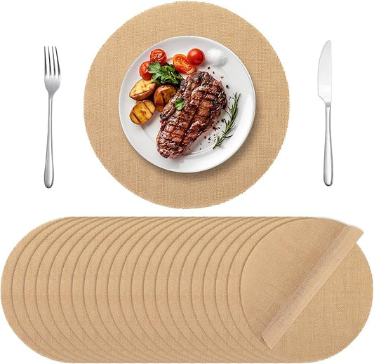 Aneco 50 Pieces Round Burlap Placemats 11.8 Inch Reusable Brown Table Mats Heat Resistant Natural Jute Fibers Placemats Burlap Circle Rustic Table Decorations for Dinner Holiday Farmhouse Decor