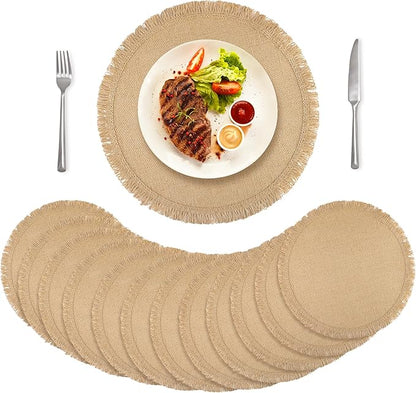 Aneco 12 Pcs Jute Placemats, 15 Inch Round Burlap Placemats, Boho Natural Jute with Fringe Table Mat, Heat Resistant Natural Farmhouse Table Mats for Wedding Birthday Party Dining Tables Decor