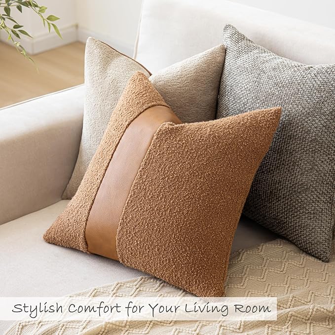 22"x22" Tobacco Boucle Pillow Covers with Faux Leather Accents Set of 2 Fluffy Textured Decorative Throw Pillow Cases for Couch Bed Boho Farmhouse Square Cushion Covers for Home Décor