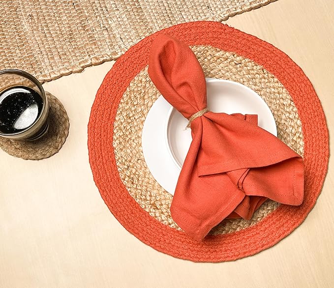Chardin home Round Verona Woven Jute & Cotton Braided PLACEMAT (Set of 4), Size -14 inch, Round, Color - Natural Jute with Rust Orange Border