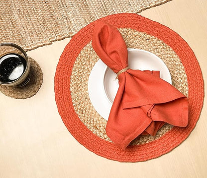 Chardin home Round Verona Woven Jute & Cotton Braided PLACEMAT (Set of 4), Size -14 inch, Round, Color - Natural Jute with Rust Orange Border
